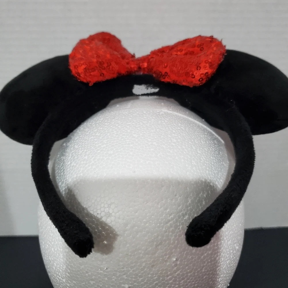 Disney Parks Minnie Mouse Black Plush Ears Red Seqin Bow Headband L👀K